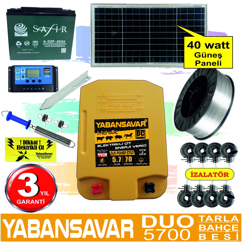 Elektrikli çit, Solar 50 Watt, YabanSavar DUO Power 5700, Tarla, Bahçe, Besi.